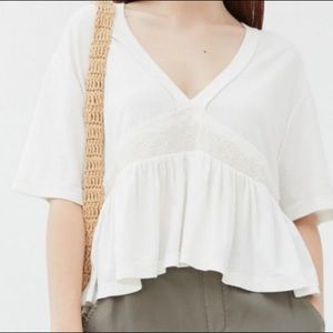 URBAN OUTFITTERS Olive Oversized Babydoll White V-Neck Top SzL with Embroidery